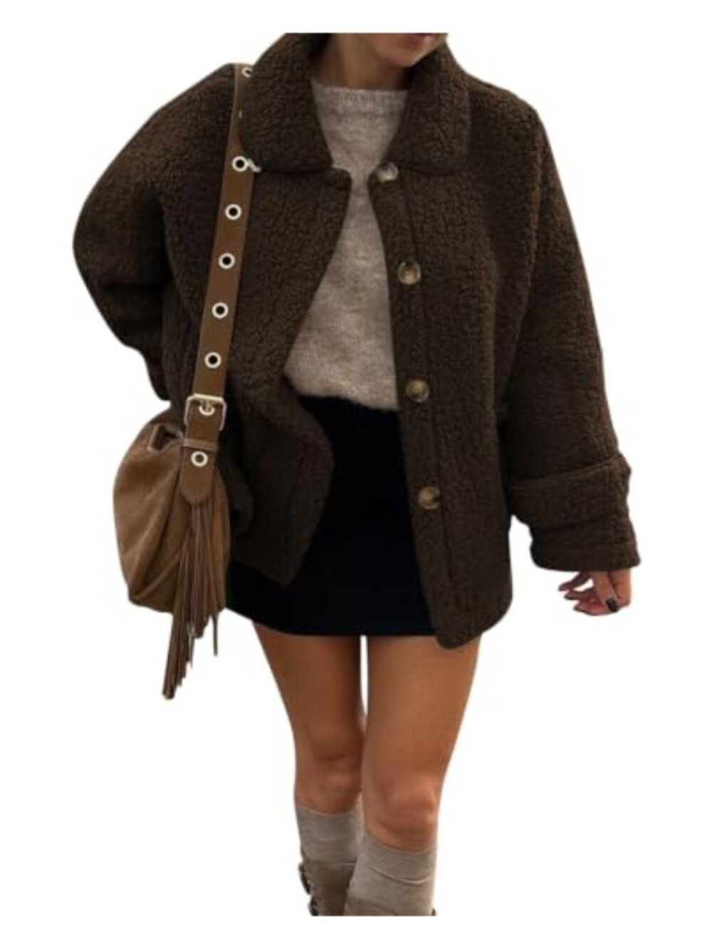 Teddy Sherpa Fleece Jacket Button Front Lapel Collar Oversized Long Sleeve